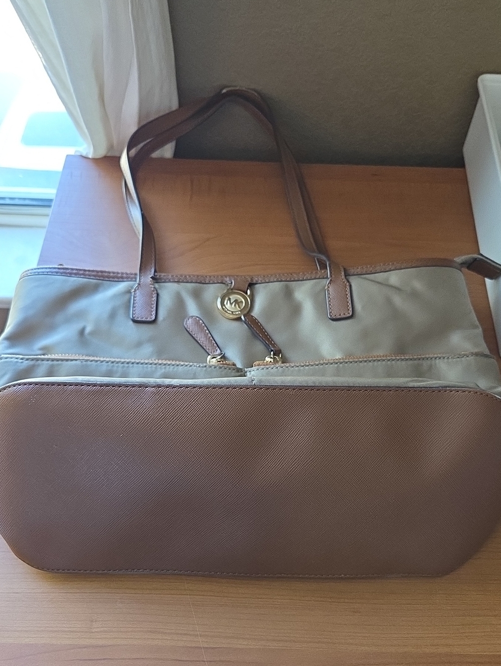 MICHAEL Michael Kors Taupe Nylon Tote with Brown Trim and Gold Hardware - Picture 11 of 12